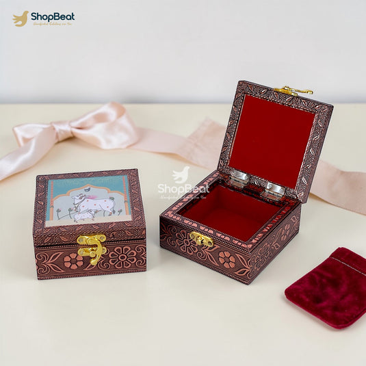 Handcrafted Wooden Jewellery Box Copper Metal Finish (4 x 4 inch) - Pack of 2 | Oxidized Pichwai Cow Design | Decorative Organizer | Storage Box for Women Puja Festive Gifting | Sacred Teal