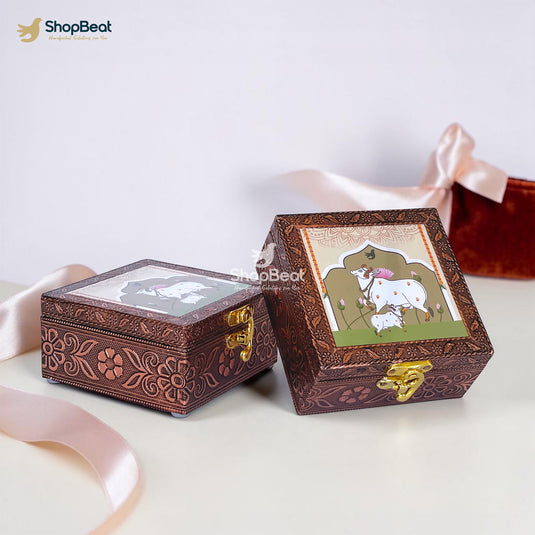 Handcrafted Wooden Jewellery Box Copper Metal Finish (4 x 4 inch) - Pack of 2 | Oxidized Pichwai Cow & Calf Design | Decorative Organizer | Storage Box for Women Puja Gifting | Ivory Sand