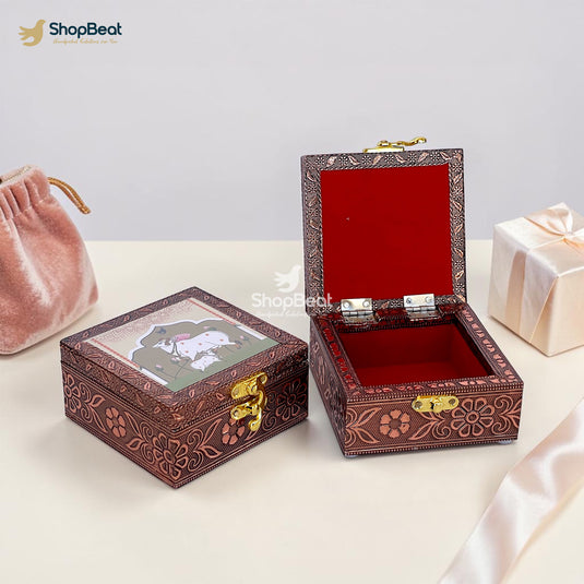 Handcrafted Wooden Jewellery Box Copper Metal Finish (4 x 4 inch) - Pack of 2 | Oxidized Pichwai Cow & Calf Design | Decorative Organizer | Storage Box for Women Puja Gifting | Ivory Sand