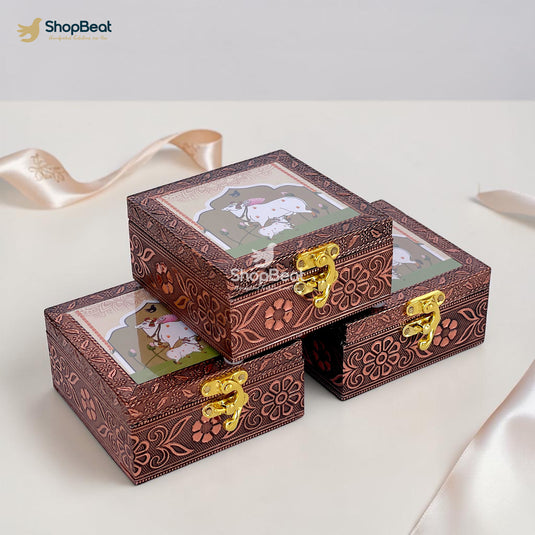Handcrafted Wooden Jewellery Box Copper Metal Finish (4 x 4 inch) - Pack of 3 | Oxidized Pichwai Cow & Calf Design | Decorative Organizer | Storage Box for Women Puja Gifting | Ivory Sand