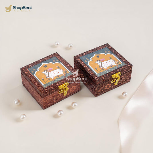 Handcrafted Wooden Jewellery Box Copper Metal Finish (4 x 4 inch) - Pack of 2 | Oxidized Pichwai Cow Design | Decorative Organizer | Storage Box for Women Puja Festive Gifting | Royal Teal
