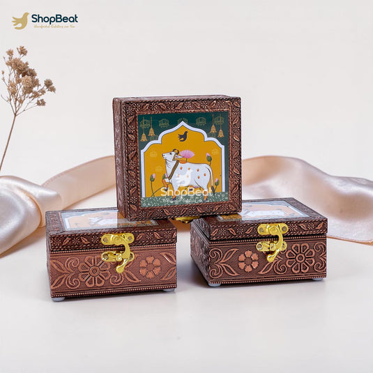 Handcrafted Wooden Jewellery Box Copper Metal Finish (4 x 4 inch) - Pack of 3 | Oxidized Pichwai Cow Design | Decorative Organizer | Storage Box for Women Puja Festive Gifting | Royal Teal