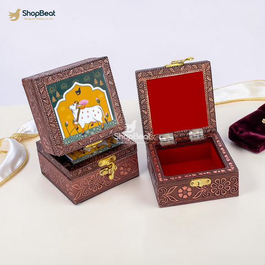Handcrafted Wooden Jewellery Box Copper Metal Finish (4 x 4 inch) - Pack of 3 | Oxidized Pichwai Cow Design | Decorative Organizer | Storage Box for Women Puja Festive Gifting | Royal Teal
