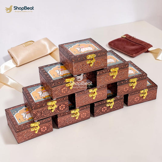 Handcrafted Wooden Jewellery Box Copper Metal Finish (4 x 4 inch) - Pack of 10 | Oxidized Pichwai Cow Design | Decorative Organizer | Storage Box for Women Puja Festive Gifting | Royal Teal