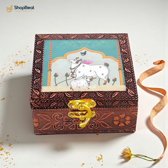 Handcrafted Wooden Jewellery Box Copper Metal Finish (4 x 4 inch) | Oxidized Pichwai Cow Design | Decorative Motif Organizer | Storage Box for Women Puja Festive Gifting | Sacred Teal