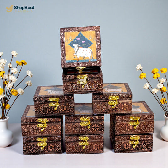 Handcrafted Wooden Jewellery Box Copper Metal Finish (4 x 4 inch) Pack of 10 | Oxidized Pichwai Cow Design | Decorative Organizer | Storage Box for Women Puja Festive Gifting | Marigold Gold (Copy)