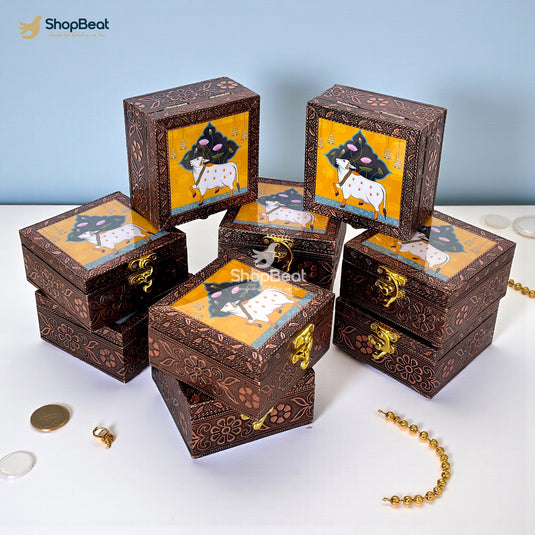 Handcrafted Wooden Jewellery Box Copper Metal Finish (4 x 4 inch) Pack of 10 | Oxidized Pichwai Cow Design | Decorative Organizer | Storage Box for Women Puja Festive Gifting | Marigold Gold