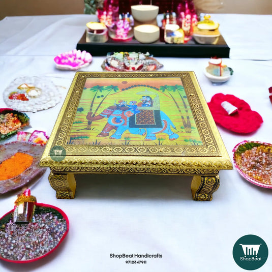 Golden Oxidised Elephant Pooja Chowki – Wooden Bajot 15x15 Inch