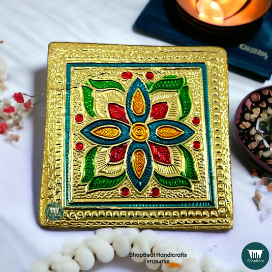 Golden Oxidised Flower Pooja Chowki – Small Wooden Bajot 3x3 Inch