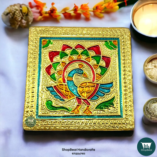 Golden Oxidised Peacock Pooja Chowki – Small Wooden Bajot 3x3 Inch