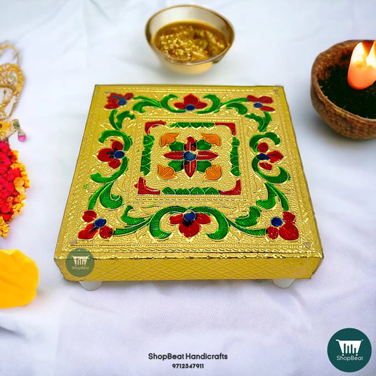Golden Oxidised Flower Pooja Chowki – Wooden Bajot 4x4 Inch