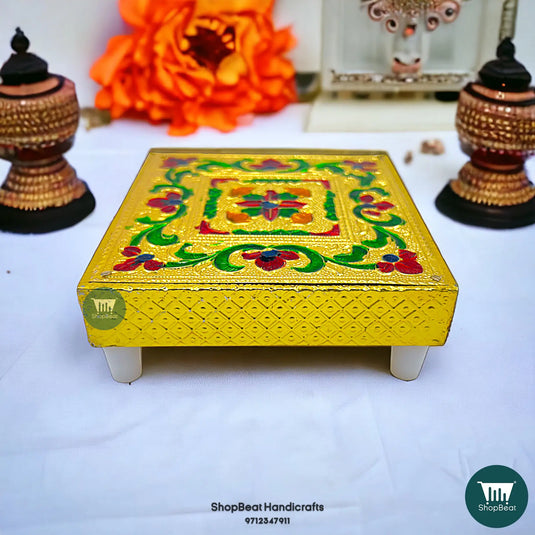 Golden Oxidised Flower Pooja Chowki – Wooden Bajot 4x4 Inch