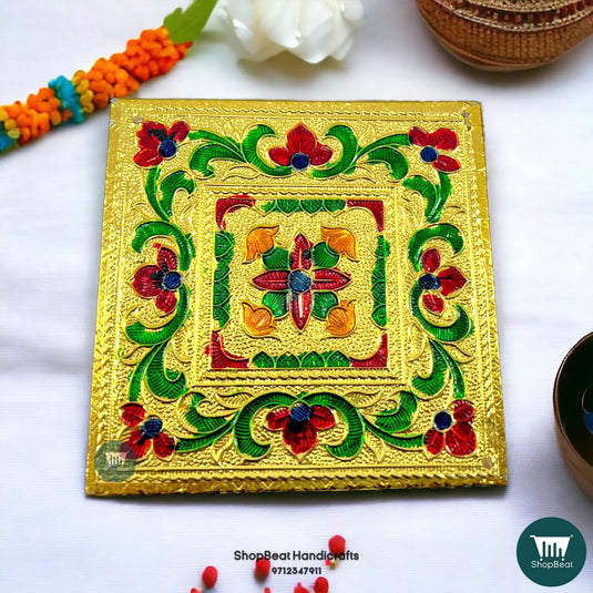Golden Oxidised Flower Pooja Chowki – Wooden Bajot 4x4 Inch