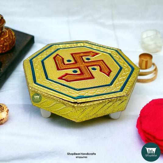 Golden Oxidised Swastik Pooja Chowki – Octagon Wooden Bajot 4x4 Inch