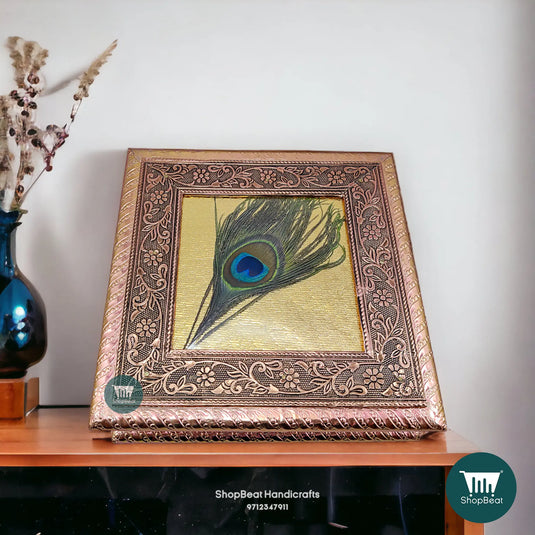 Copper Oxidised Wooden Dry Fruit Box – Peacock Feather 8x8 | ShopBeat