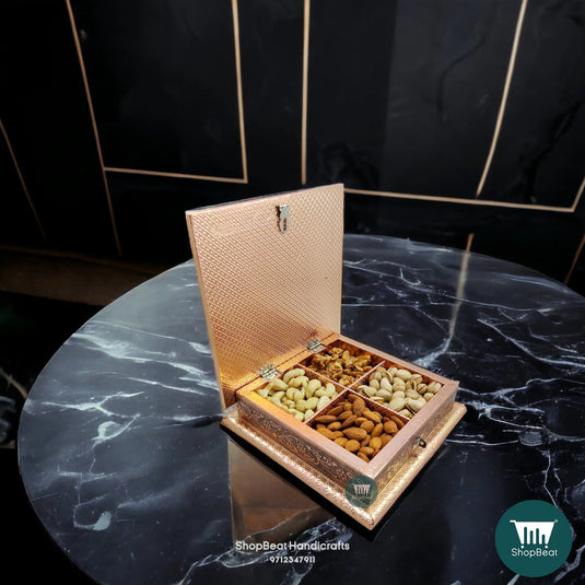Copper Oxidised Wooden Dry Fruit Box – Peacock Feather 8x8 | ShopBeat
