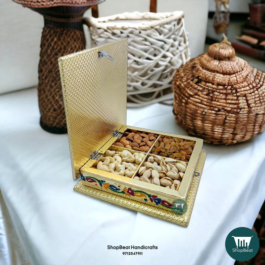 Golden Meenakari Wooden Dry Fruit Box – Peacock Left 8x8 | ShopBeat