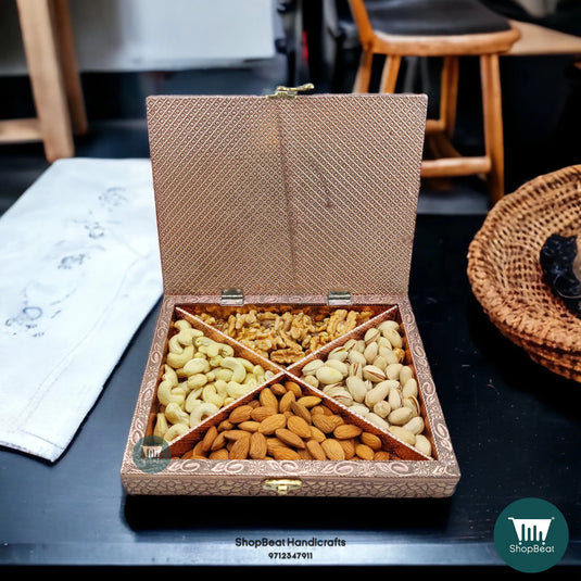 Copper Oxidised Wooden Dry Fruit Box – Embossed Peacock 9x7 Wedding Gift | ShopBeat