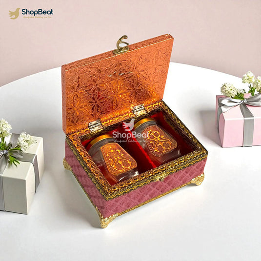 Pink Velvet Dry Fruit Gift Box with 2 Glass Jars