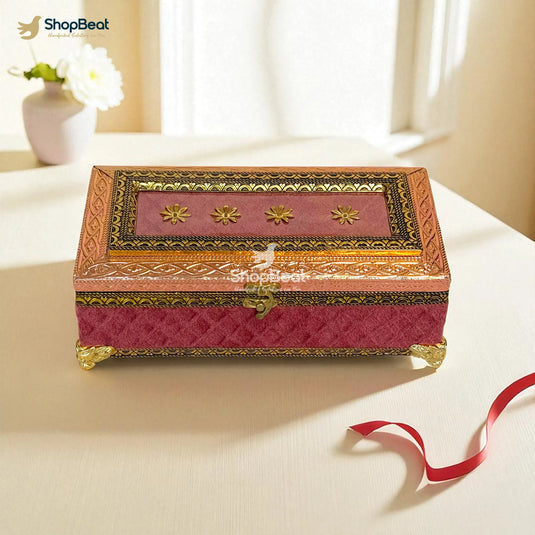 Pink Velvet Dry Fruit Box with 3 Glass Jars