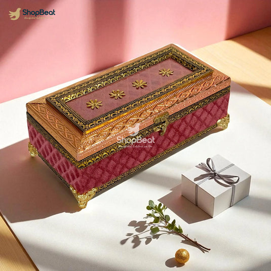 Pink Velvet Dry Fruit Box with 3 Glass Jars