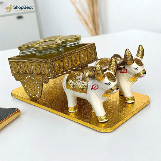 Golden Oxidised Bullock Cart Dry Fruit Box – Decorative Wooden Gift Box | ShopBeat