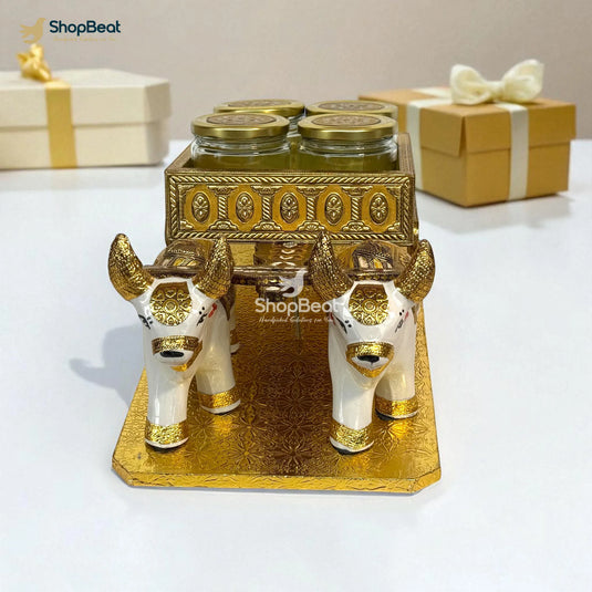 Golden Oxidised Bullock Cart Dry Fruit Box – Decorative Wooden Gift Box | ShopBeat