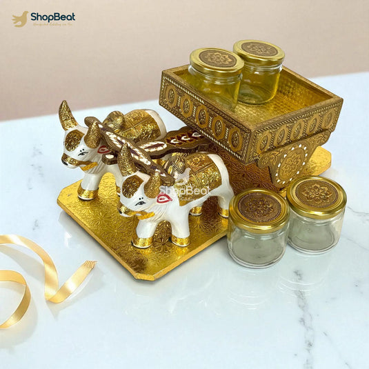 Golden Oxidised Bullock Cart Dry Fruit Box – Decorative Wooden Gift Box | ShopBeat