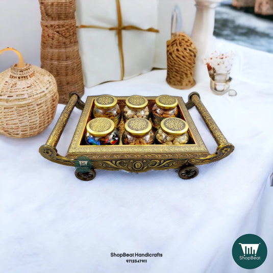 Golden Oxidised Wooden Dry Fruit Box – 4-Wheel Cart with 6 Glass Jars 17x10 | ShopBeat