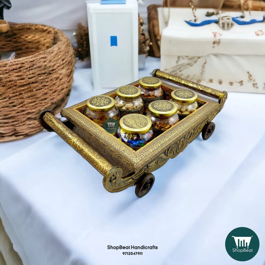 Golden Oxidised Wooden Dry Fruit Box – 4-Wheel Cart with 6 Glass Jars 17x10 | ShopBeat