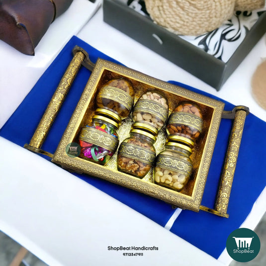 Golden Oxidised Wooden Dry Fruit Box – 4-Wheel Cart with 6 Glass Jars 17x10 | ShopBeat