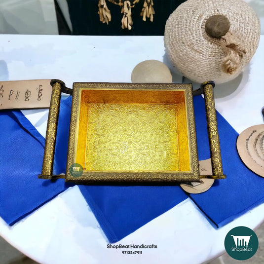 Golden Oxidised Wooden Dry Fruit Box – 4-Wheel Cart with 6 Glass Jars 17x10 | ShopBeat