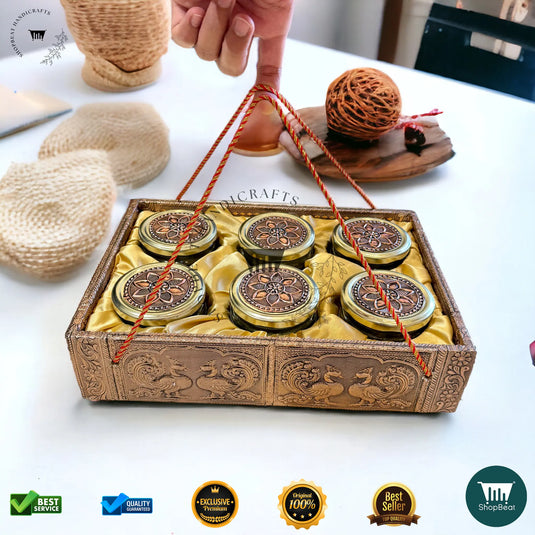 Copper Oxidised Dry Fruit Tray – Elephant Design with 6 Glass Jars