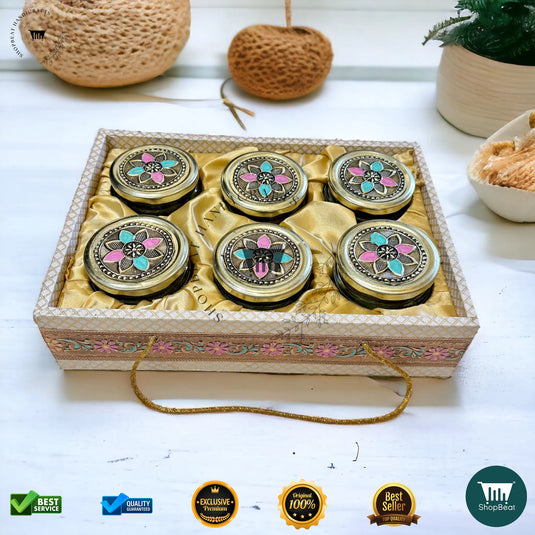 Golden Oxidised Dry Fruit Tray – Meena Art Design with 6 Glass Jars