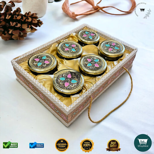 Golden Oxidised Dry Fruit Tray – Meena Art Design with 6 Glass Jars