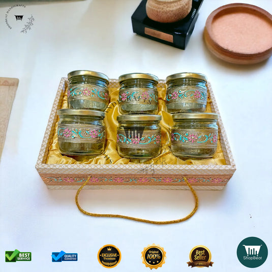 Golden Oxidised Dry Fruit Tray – Meena Art Design with 6 Glass Jars