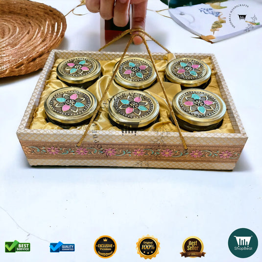 Golden Oxidised Dry Fruit Tray – Meena Art Design with 6 Glass Jars