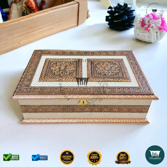 Copper Oxidised Dry Fruit Box – White Rexine with 6 Glass Jars