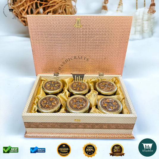 Copper Oxidised Dry Fruit Box – White Rexine with 6 Glass Jars