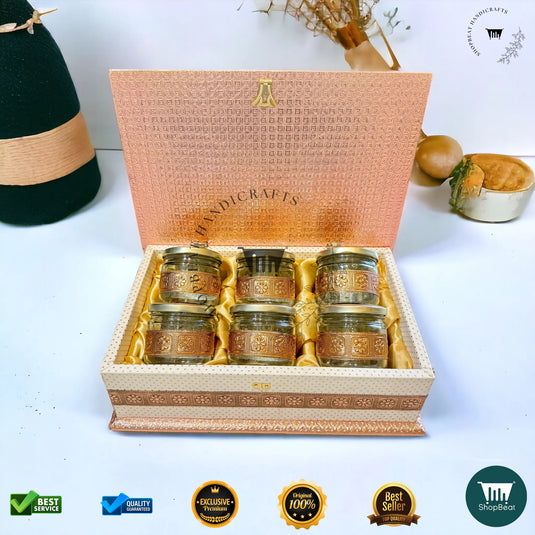 Copper Oxidised Dry Fruit Box – White Rexine with 6 Glass Jars
