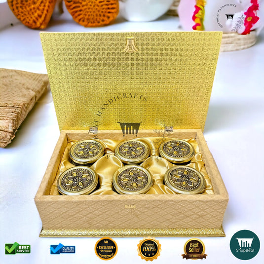 Golden Oxidised Dry Fruit Box – Velvet Finish with 6 Glass Jars