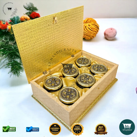 Golden Oxidised Dry Fruit Box – Velvet Finish with 6 Glass Jars