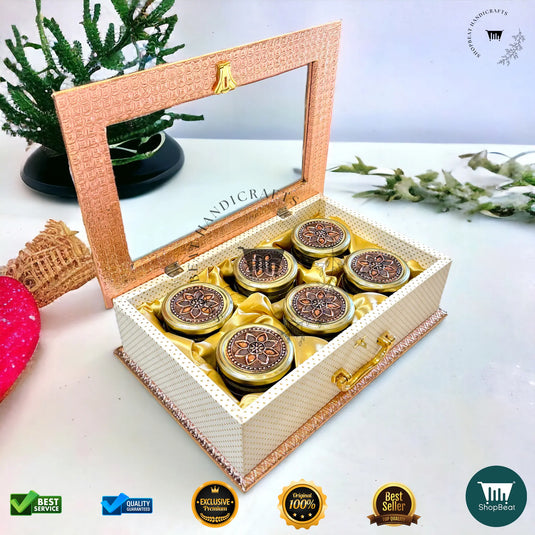 Copper Oxidised Dry Fruit Box – Acrylic Window with 6 Glass Jars