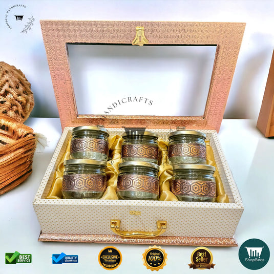 Copper Oxidised Dry Fruit Box – Acrylic Window with 6 Glass Jars