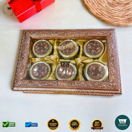 Copper Oxidised Dry Fruit Box – Acrylic Window with 6 Glass Jars