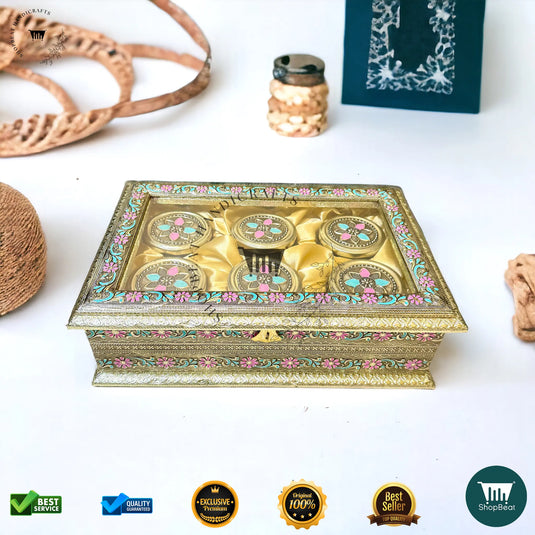Golden Oxidised Dry Fruit Box – Meenakari & Acrylic Window with 6 Glass Jars