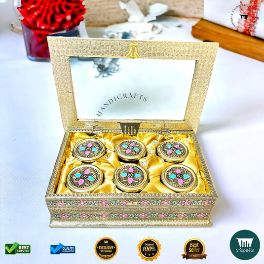 Golden Oxidised Dry Fruit Box – Meenakari & Acrylic Window with 6 Glass Jars