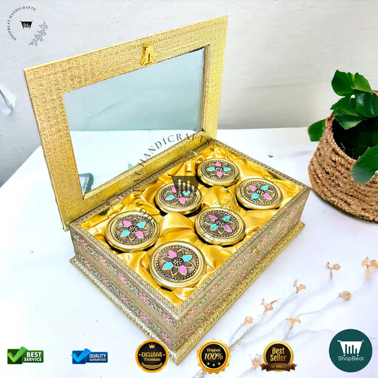 Golden Oxidised Dry Fruit Box – Meenakari & Acrylic Window with 6 Glass Jars