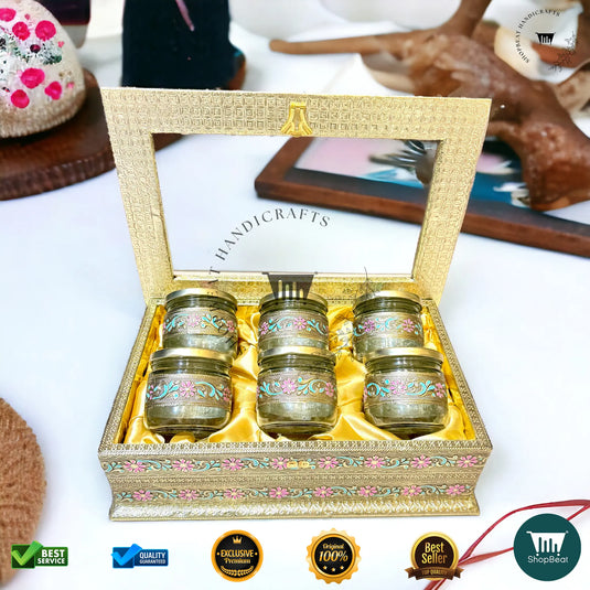 Golden Oxidised Dry Fruit Box – Meenakari & Acrylic Window with 6 Glass Jars