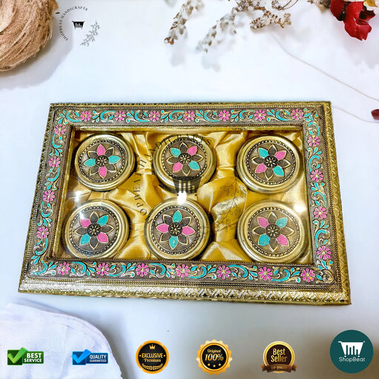 Golden Oxidised Dry Fruit Box – Meenakari & Acrylic Window with 6 Glass Jars